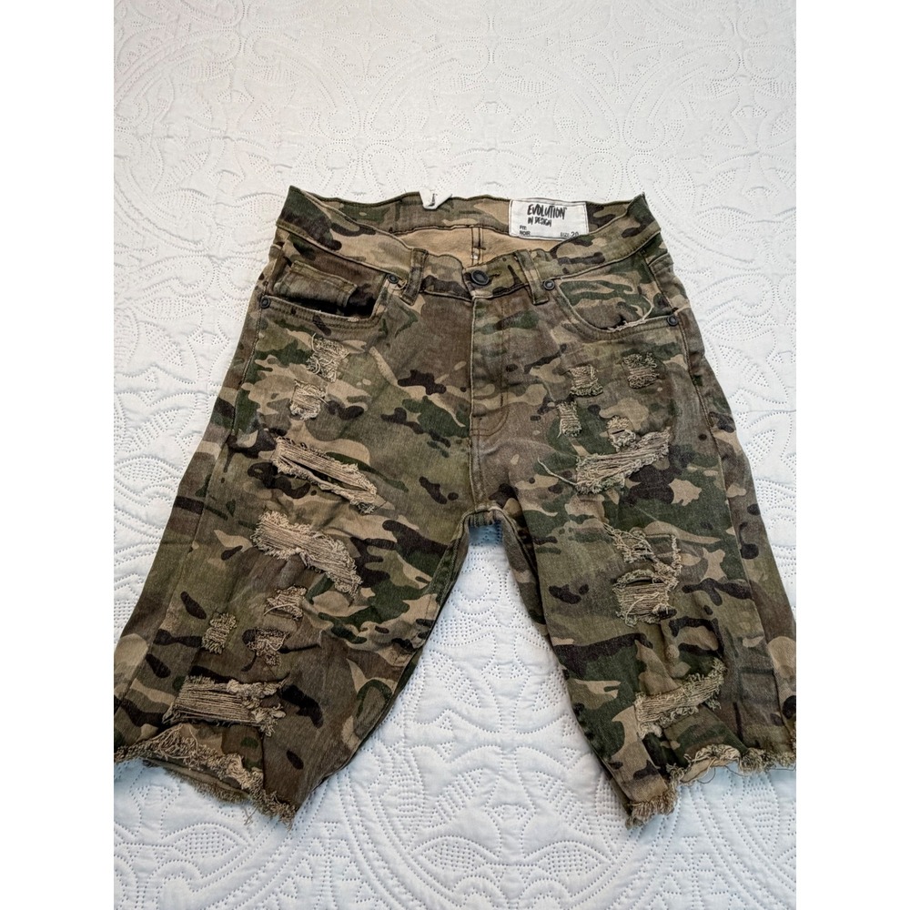 Evolution In Design Mens Camo Distressed Denim Shorts Size 20 Green Noir Fit